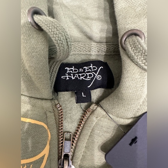 Ed Hardy Men’s Full Zip Fleece Green Black Panther Hoodie Size L NWT - Picture 5 of 5